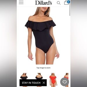Trina Turk one piece risked slimming swimsuit black size 8 off shoulder
